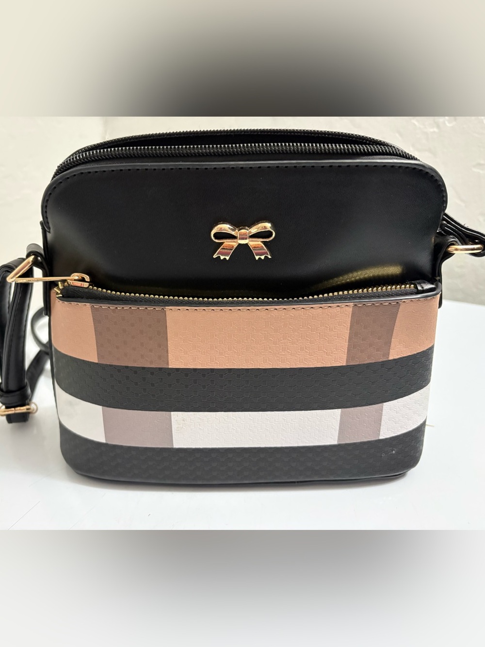 Striped Bow Accent Crossbody Bag in Black, Blush & Cream
